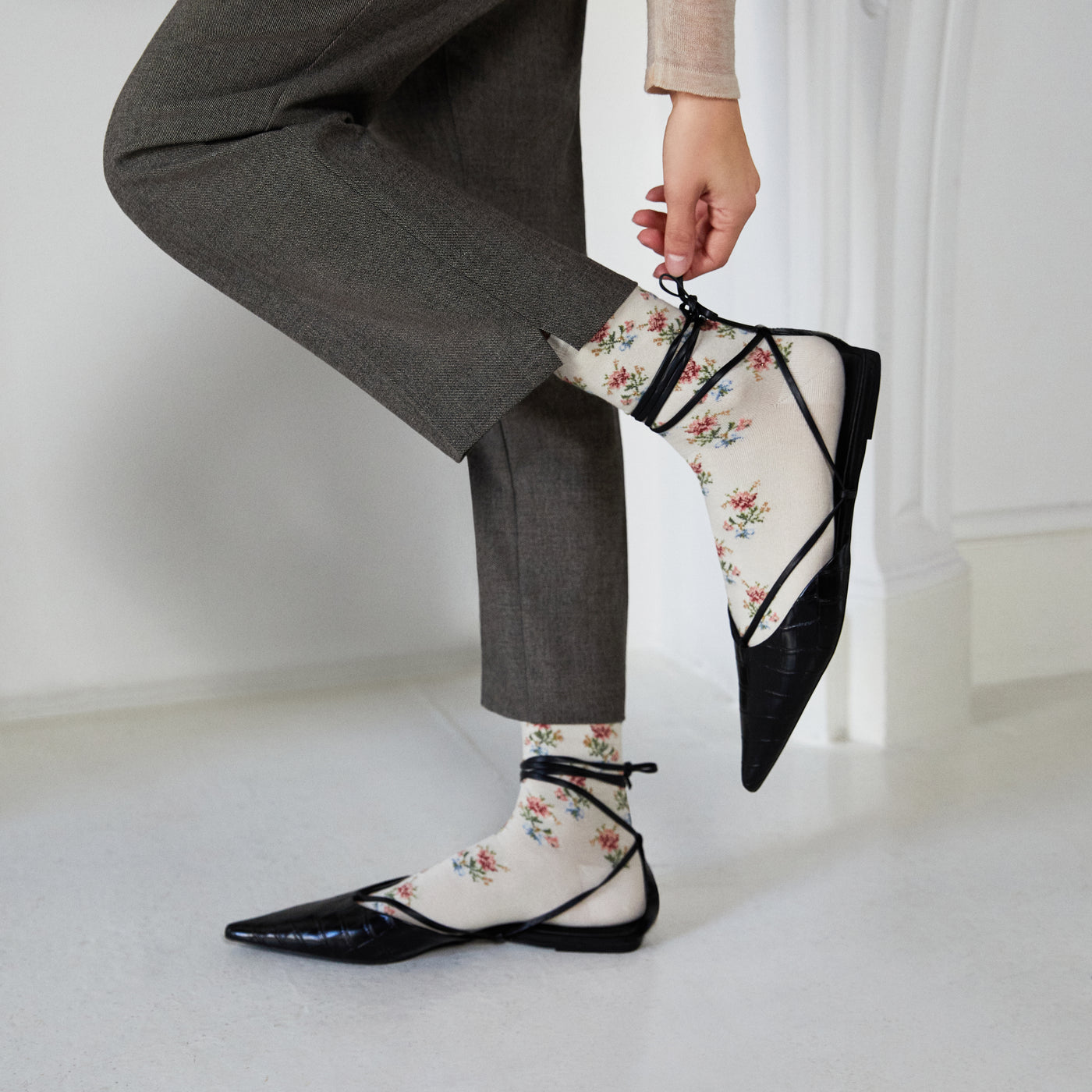 Les fleurs - chaussettes femme - coton écru