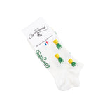 Paire de chaussettes invisibles basses blanches à motifs ananas jaunes, emballée sous étiquette Maison Broussaud.