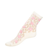 Chaussette femme moyenne blanche à motifs floraux roses et beiges, vue latérale.