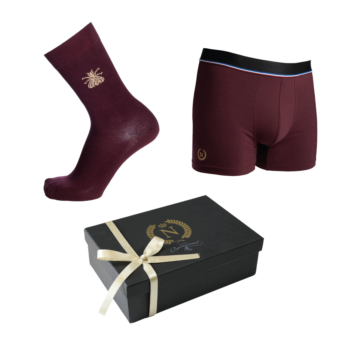 Napoleon box "The Bee" - burgundy boxers and socks