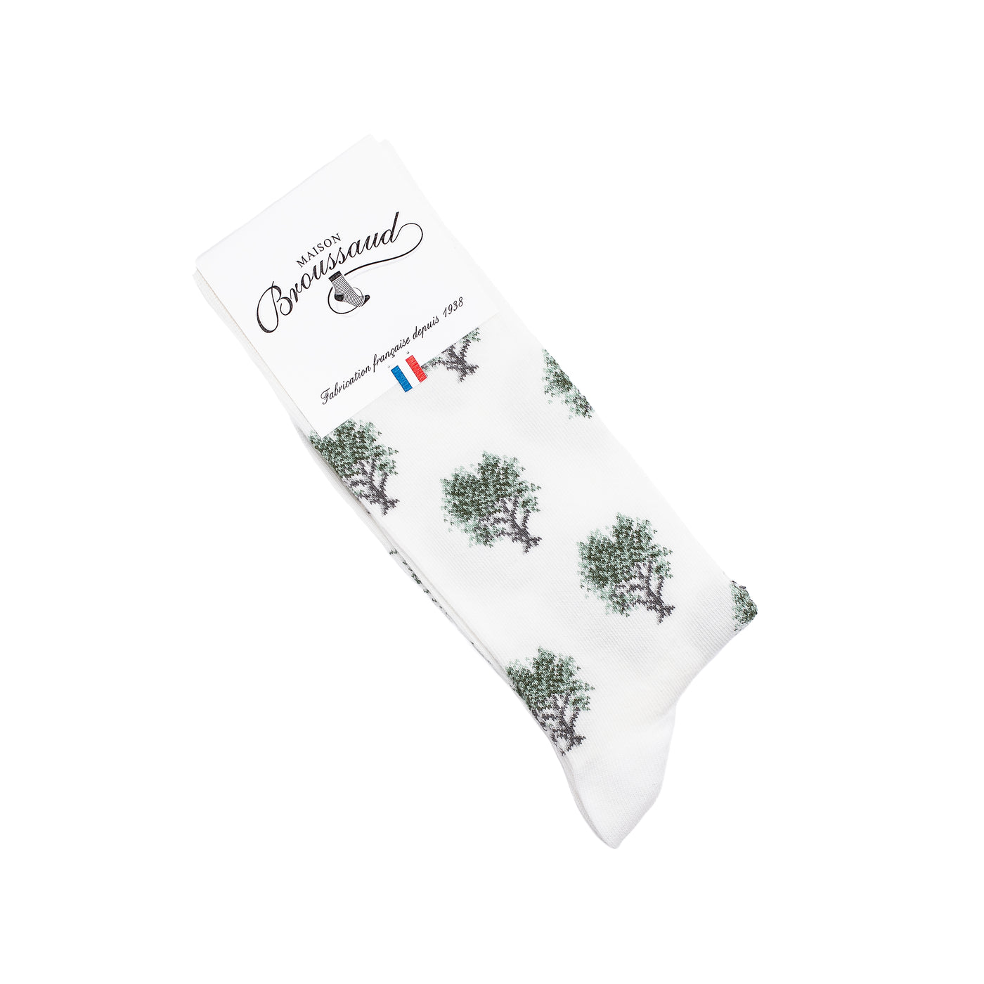 Chaussette homme haute blanche motif arbres verts avec packaging Maison Broussaud