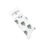 Chaussette homme haute blanche motif arbres verts avec packaging Maison Broussaud