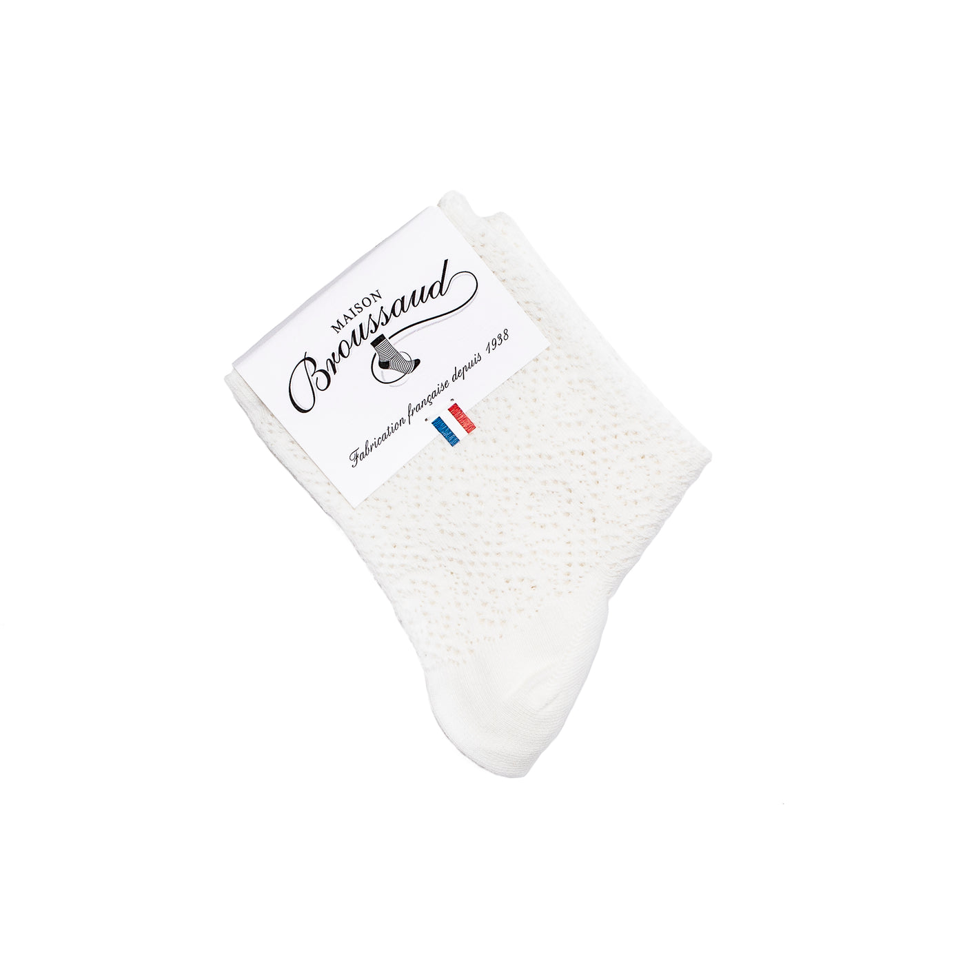 Chaussettes femme courtes blanches en dentelle fantaisie, emballées sous étiquette Maison Broussaud.