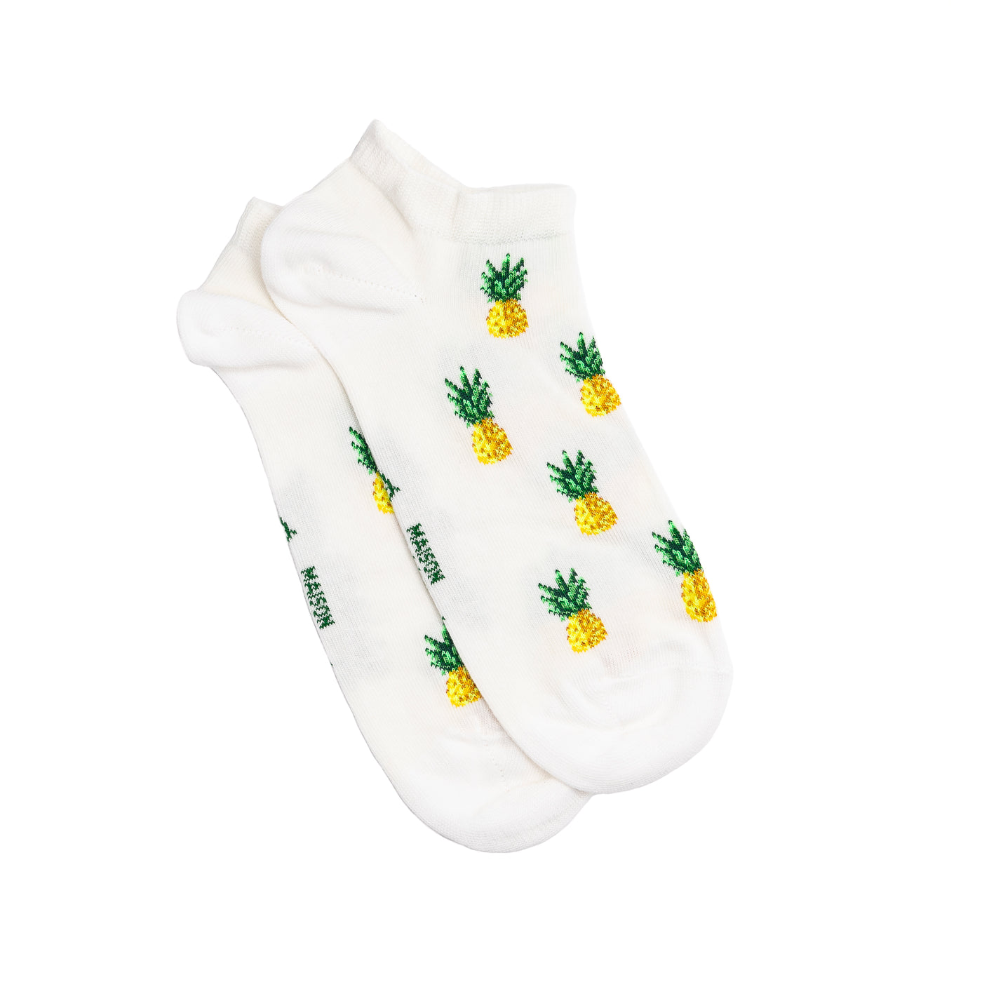 Paire de chaussettes invisibles basses blanches à motifs ananas jaunes, présentées à plat.