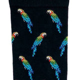 Détail motif perroquet sur chaussette homme mi-haute bleu marine.