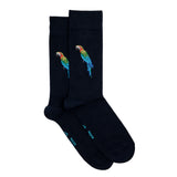 Paire de chaussettes homme mi-hautes bleu marine motif perroquet multicolore, présentées à plat.