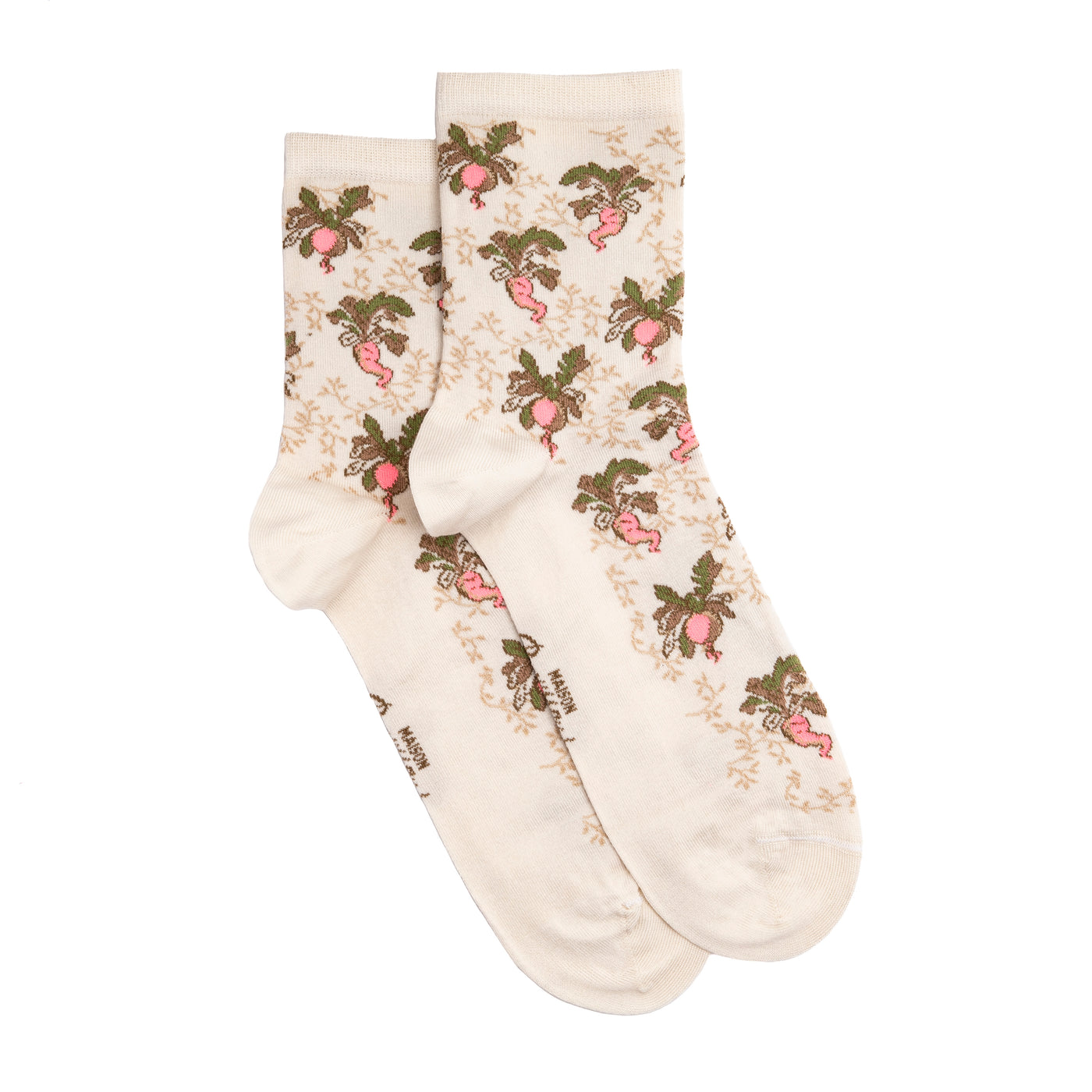 Paire de chaussettes blanches à motifs radis roses et verts, fantaisie pour femme, présentées à plat.