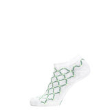 Chaussette invisible basse blanche à motifs verts géométriques.