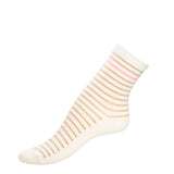 Chaussette femme mi-haute blanche à rayures beige et une rayure rose, vue latérale.